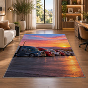 Semi trucks at a truck stop at sunrise rug in a living room with a desk and large windows