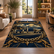 Trucker badge emblem rug in a living room with a desk and large windows