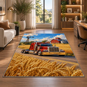 Semi truck on a country road rug in a living room with a desk and large windows