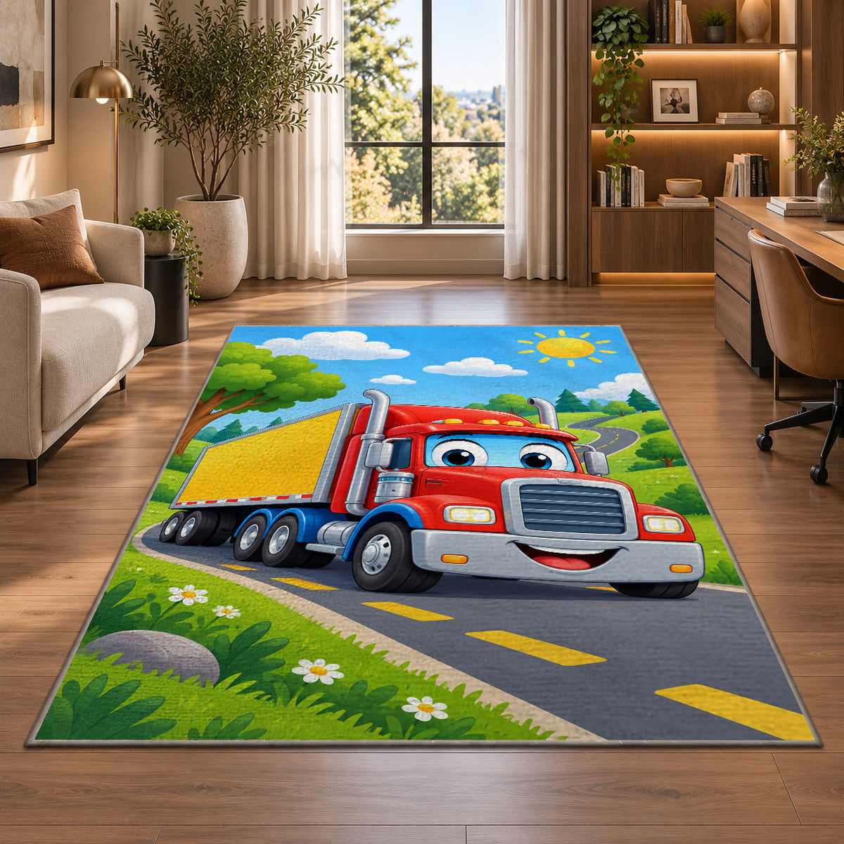 Cute cartoon semi truck rug in a living room with a desk and large windows