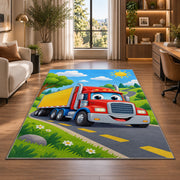 Cute cartoon semi truck rug in a living room with a desk and large windows
