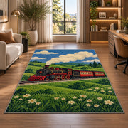 Vintage Steam Train Rug in a living room with a desk and large windows