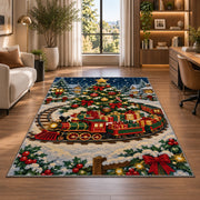 Christmas Train Rug in a living room with a desk and large windows
