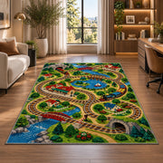 Train Track Play Rug in a living room with a desk and large windows
