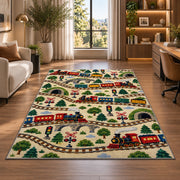 Train Pattern Rug in a living room with a desk and large windows