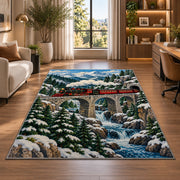 Mountain Train Bridge Rug in a living room with a desk and large windows