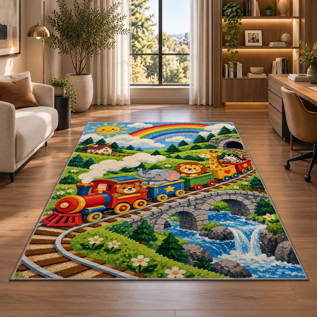 Wooden Toy Train Rug in a living room with a desk and large windows