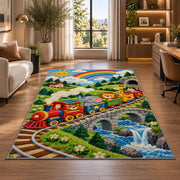 Wooden Toy Train Rug in a living room with a desk and large windows