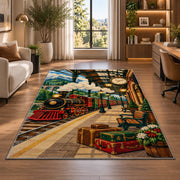 Vintage Train Station Rug in a living room with a desk and large windows