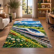 High Speed Train Rug in a living room with a desk and large windows