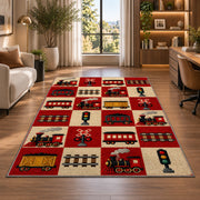 Retro Train Checkered Rug in a living room with a desk and large windows