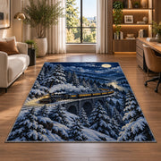 Winter Night Train Rug in a living room with a desk and large windows