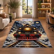Steam Locomotive Front View Rug in a living room with a desk and large windows