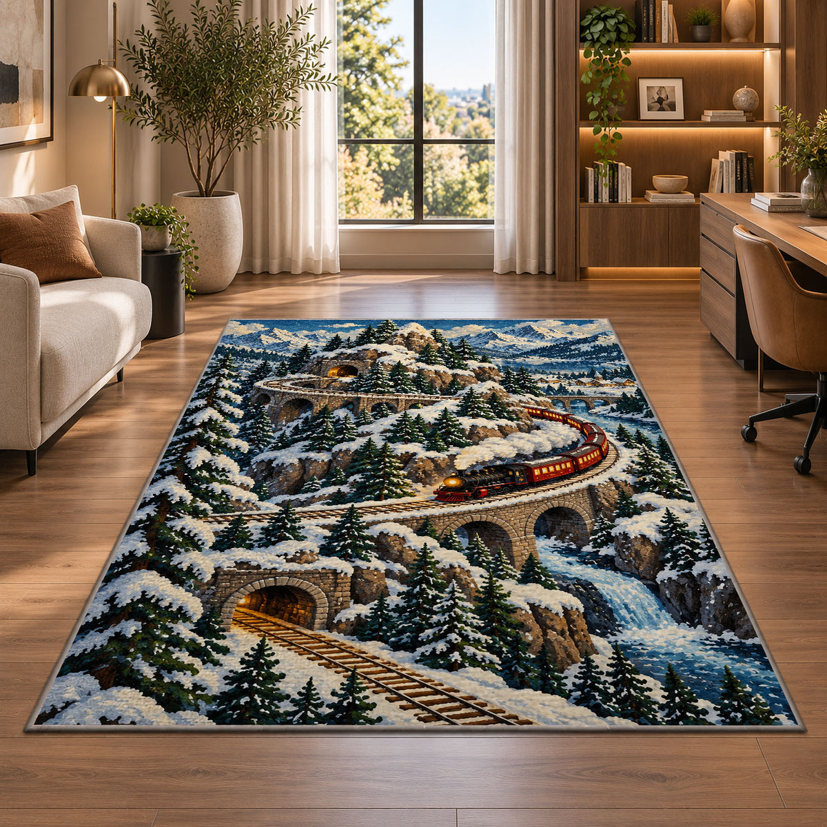 Mountain Railway Rug in a living room with a desk and large windows