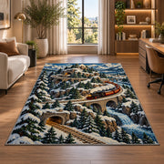 Mountain Railway Rug in a living room with a desk and large windows