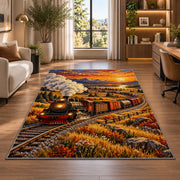 Freight Train Sunset Rug in a living room with a desk and large windows