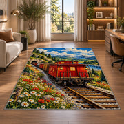 Red Caboose Rug in a living room with a desk and large windows