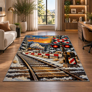 Railroad Crossing Rug in a living room with a desk and large windows