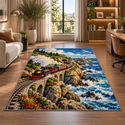 Coastal Train Rug in a living room with a desk and large windows
