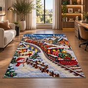 Christmas Village Train Rug in a living room with a desk and large windows