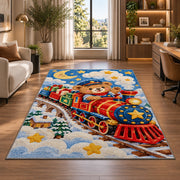 Teddy Bear Train Rug in a living room with a desk and large windows