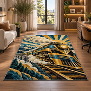 Art Deco Train Rug in a living room with a desk and large windows