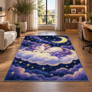 unicorn sleeping on a cloud rug in a living room with a desk and large windows