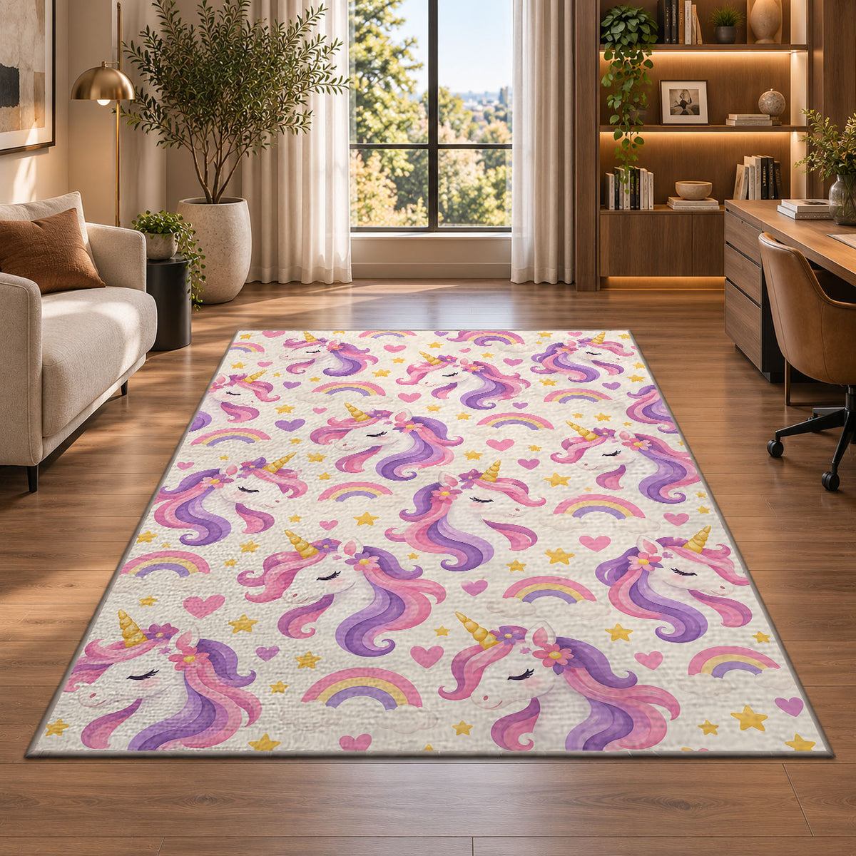 unicorn heads pattern with rainbows rug in a living room with a desk and large windows