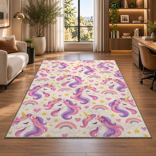 unicorn heads pattern with rainbows rug in a living room with a desk and large windows