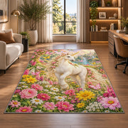 unicorn in a flower garden rug in a living room with a desk and large windows
