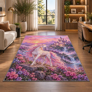 unicorn before a fairytale castle rug in a living room with a desk and large windows