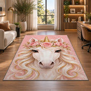 unicorn face with flower crown rug in a living room with a desk and large windows