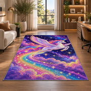 winged unicorn flying through stars rug in a living room with a desk and large windows
