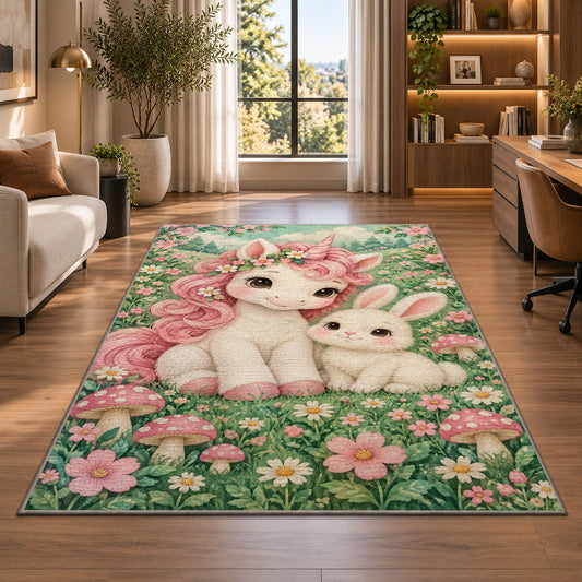 baby unicorn and bunny friend rug in a living room with a desk and large windows