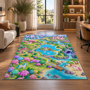 unicorn land map rug in a living room with a desk and large windows