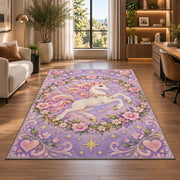 leaping unicorn in a floral wreath rug in a living room with a desk and large windows