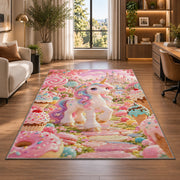 unicorn in a candy garden rug in a living room with a desk and large windows