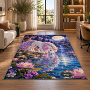 unicorn drinking at a moonlit lake rug in a living room with a desk and large windows