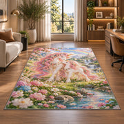 mother and baby unicorn rug in a living room with a desk and large windows