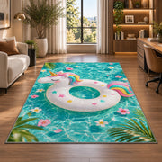 unicorn pool float rug in a living room with a desk and large windows