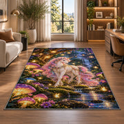 unicorn in an enchanted forest rug in a living room with a desk and large windows