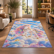 unicorn on clouds with double rainbow rug in a living room with a desk and large windows