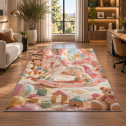 unicorn rocking horse in a playroom rug in a living room with a desk and large windows