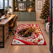 A cheerful gingerbread figure with a green bow pops out of a bold peppermint spiral; rug shown beside a home office desk
