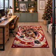 A smiling reindeer with a bell collar emerges from sweeping red and golden spiral rings; rug shown beside a home office desk