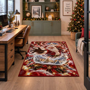 Santa reaches out from a sparkling snow globe containing a miniature snowy village; rug shown beside a home office desk
