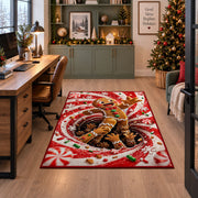 A friendly gingerbread figure steps out of a swirling cookie-filled tunnel; rug shown beside a home office desk
