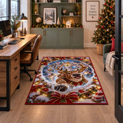 A smiling reindeer emerges from a blue snow spiral surrounded by golden lights and snowy branches; rug shown beside a home office desk