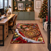 A smiling elf leans over a sweeping spiral of glowing toys and wrapped presents; rug shown beside a home office desk