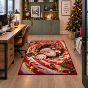 Santa peeks out of a sparkling candy cane spiral with a white-gloved hand resting in front; rug shown beside a home office desk